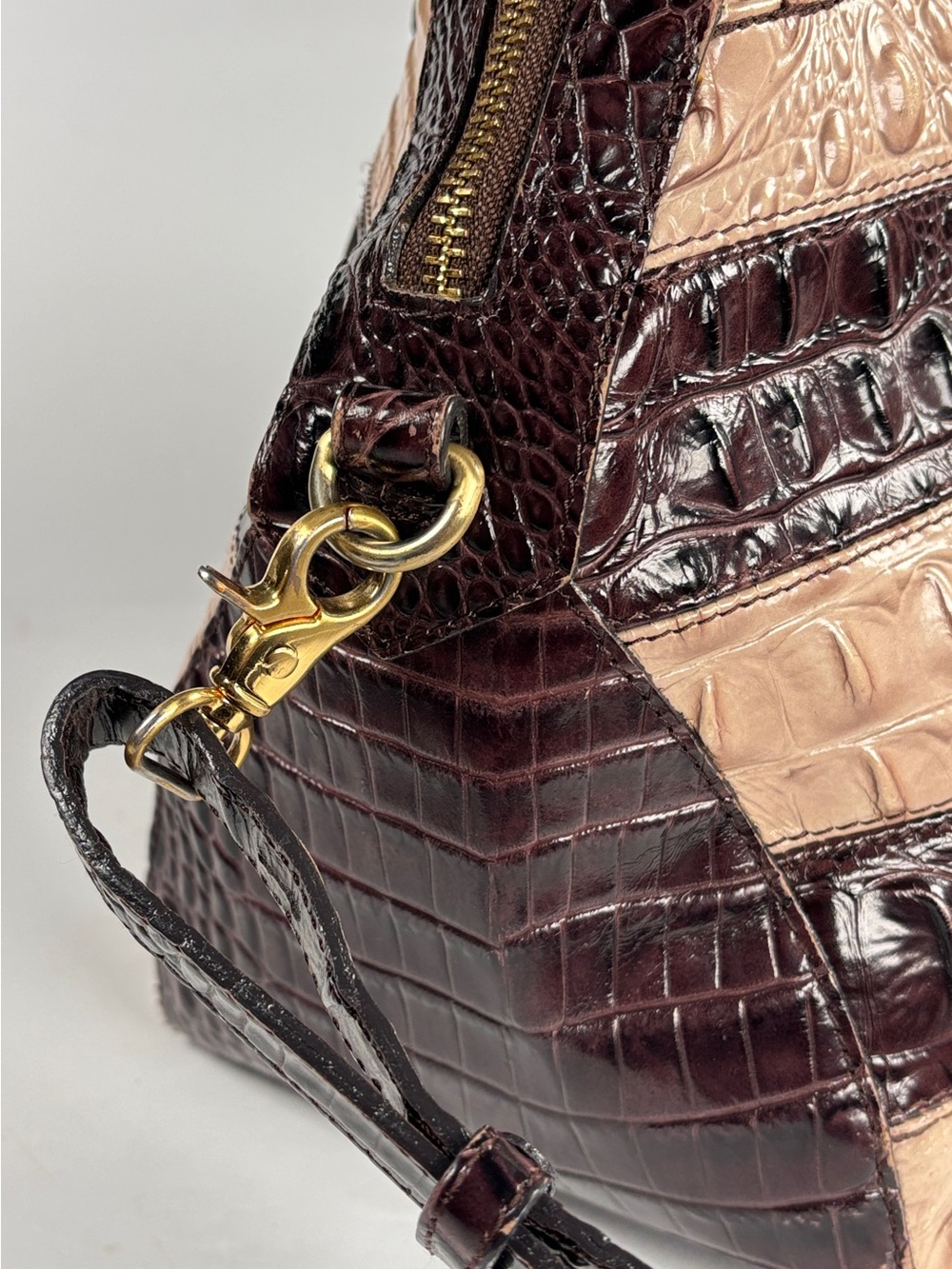 Brahmin Striped Dome Croc-Embossed Satchel Bag in Dark Brown and Beige - Picture 11 of 16